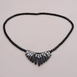 Vintage Gray Black Hematite Crystal Bead Bib Choker Pendant Necklace 17"